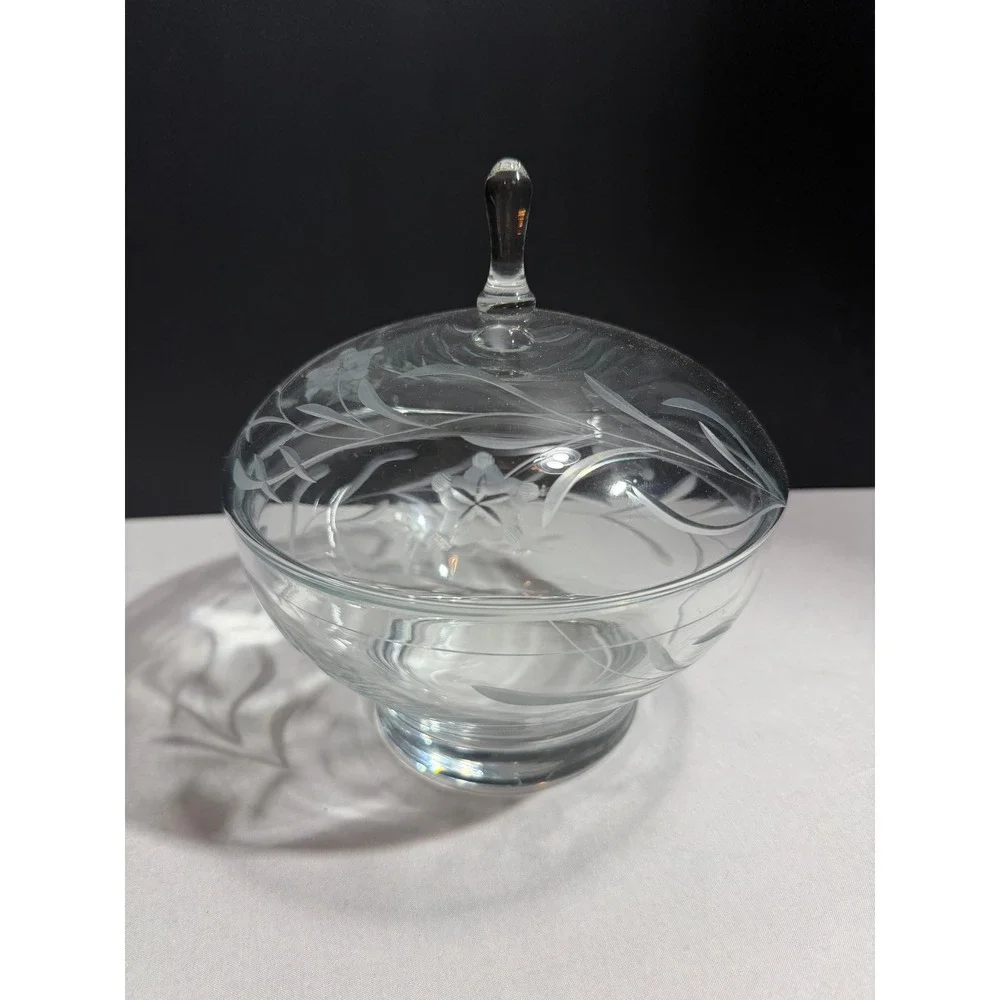 Vintage Etched Clear Glass Candy Dish with Lid Floral Pattern Pedestal Bowl